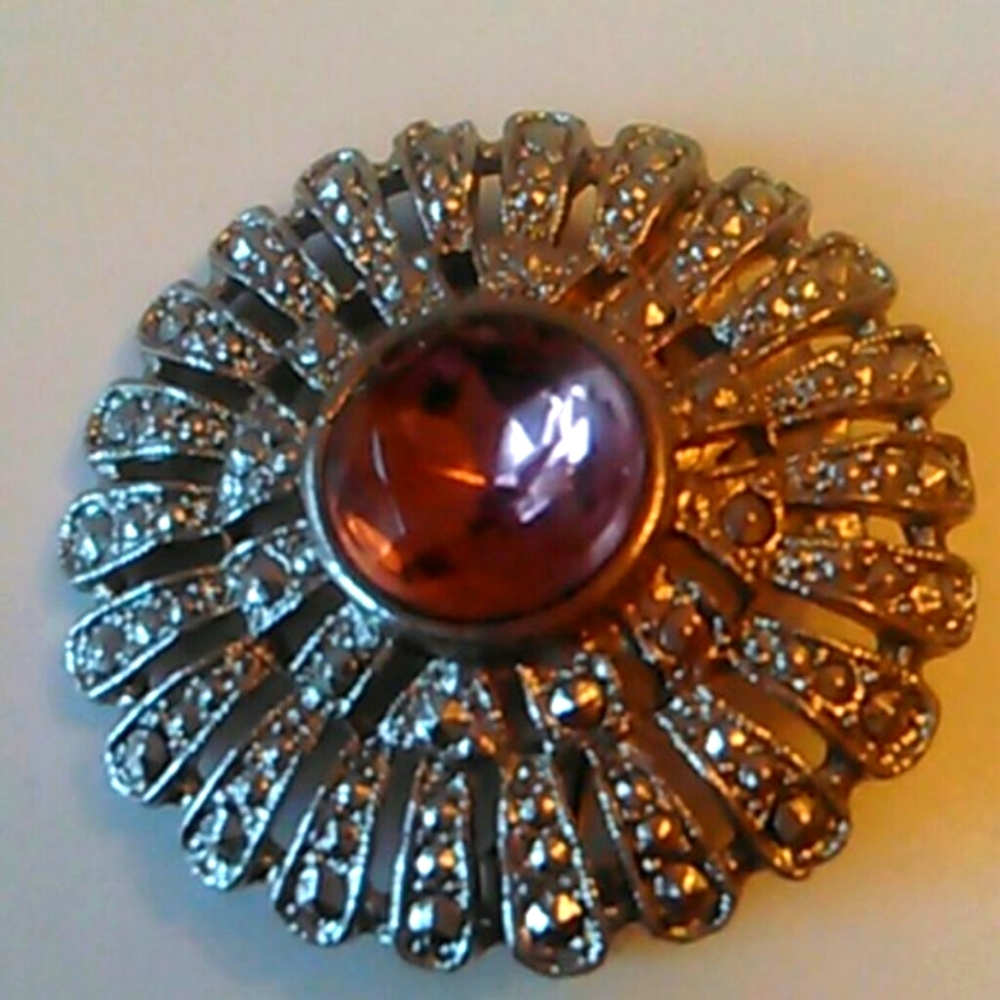 🤎 Stunning Art Deco Inspired Vintage Faux Smoky Topaz & Marcasite Brooch - Picture 2 of 11